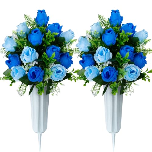 Artificial Cemetery Flowers for Grave Decorations, Memorial Roses Flowers Bouquet with Vase for Cemetery Headstones Decoration, 2 Sets (Dark Blue&Light Blue) image 6