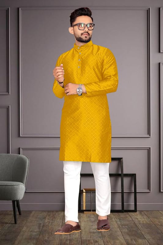 Image of Men's Self Design Cotton Silk Kurta