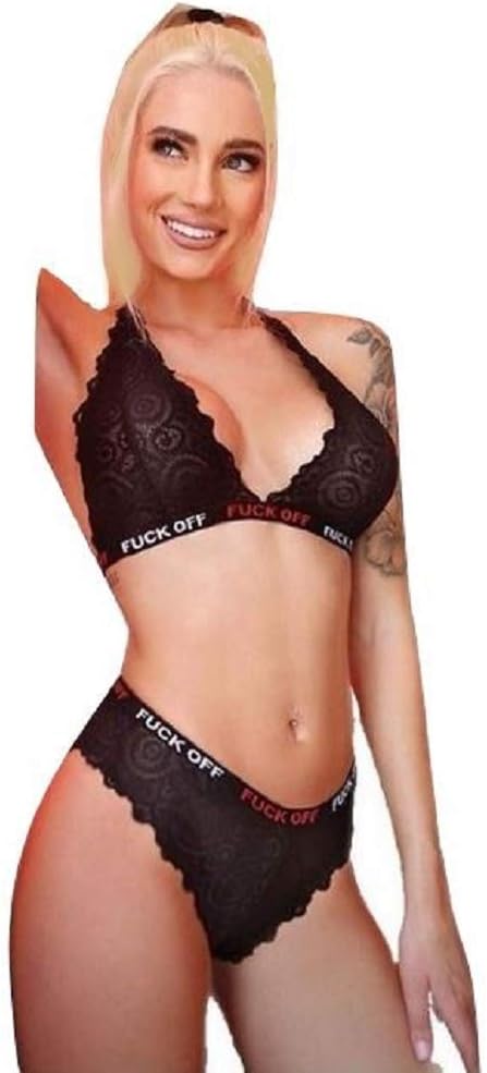 Fantasy Lingerie Vibes Lace Halter Bralette with Fk Off Elastic and Matching Cheeky Panty - Black (Large - X-Large)