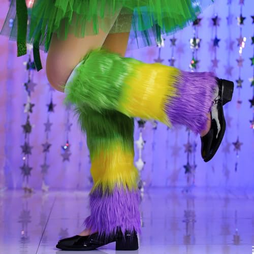 Abien Mardi Gras Womens Fluffy Leg Warmers Faux Fur Boot Sleeves Long Boot Covers Outfit for St. Patrick's Day Rave (Green/Yellow/Purple)2