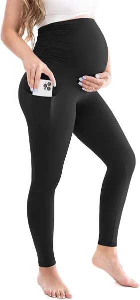 Leafigure Womens Maternity Leggings with Pockets, Pregnancy Buttery Soft Yoga Workout Pants Black XX-Large