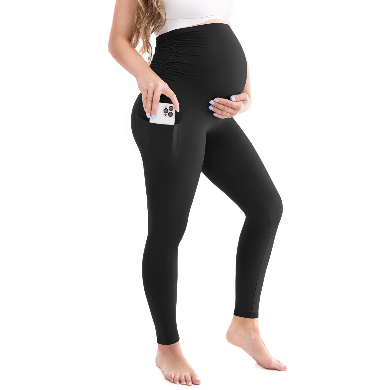 Womens Maternity Leggings with Pockets Pregnancy Buttery Soft Yoga Workout Pants