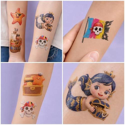 Image of 96 PCS Pre-cut Pirate Temporary Tattoos for Kid, 8 Sheets 3D Kawaii Cartoon | Pirate Party Favors, Waterproof Fake Tattoos Stickers for Boys Girls Goodie Bag Fillers, Treasure Birthday Decorations