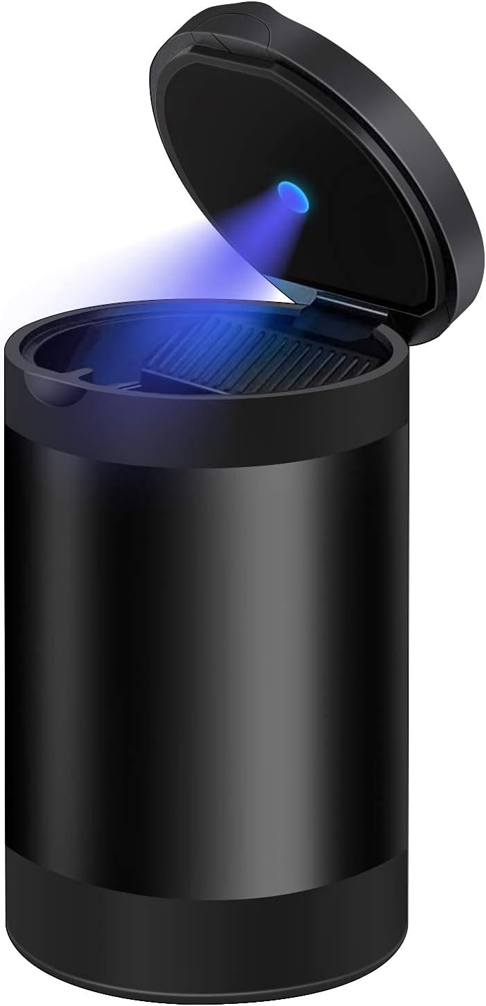 TINSO Car Ashtray, Portable Ashtray for Car, Easy Clean Up Detachable Stainless Steel Smokeless Ash Tray with Lid, LED Blue Light, Windproof for Outdoor Travel, Home and Office Use (Misted Gray 2)