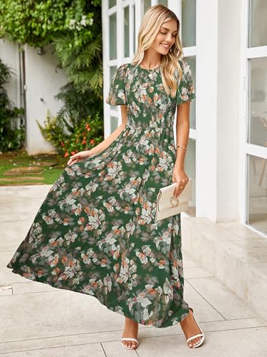 Image of Simplee Womens Casual Floral Summer Maxi Dress 2026 Boho Flowy Short Sleeve Crew Neck Vacation Smocked Chiffon Dresses