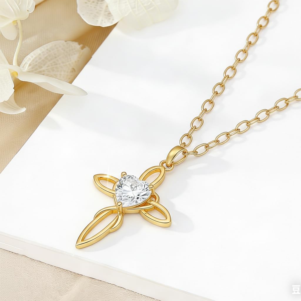 POIUY Celtic Knot Cross Necklace for Women 14K Gold Irish Infinity Love Heart Cross Jewelry with Birthstone Pendant Valentines Day Birthday Gifts for Her