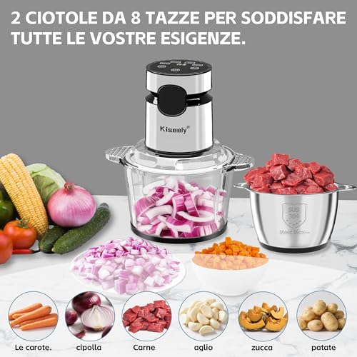 Tritatutto elettrico 2 litri con display LED, Robot da cucina da a 3 velocità con 2 ciotole e 2 set di lame a due livelli, tritacarne e verdure da 400 W per carne, verdure, frutta e noci (CD1) - immagine 3