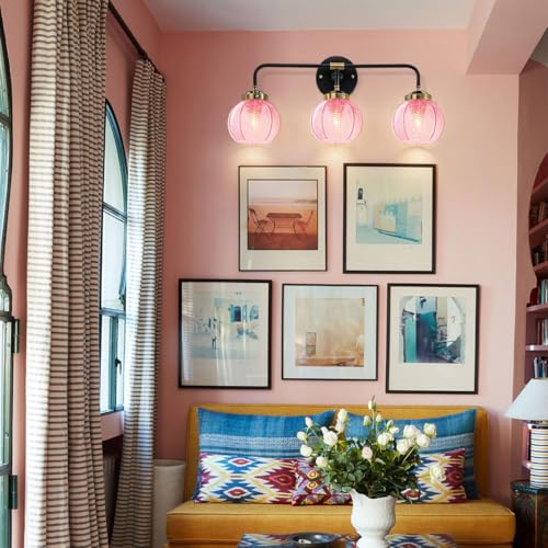 Image of Modern Bathroom Light Fixture Pink Wall Lights with Ribbed Glass Shade 3-Lights Vintage Black Vanity Light Over Mirror Wall Sconce Decor Lighting Fixtures for Bath Farmhouse Bedroom