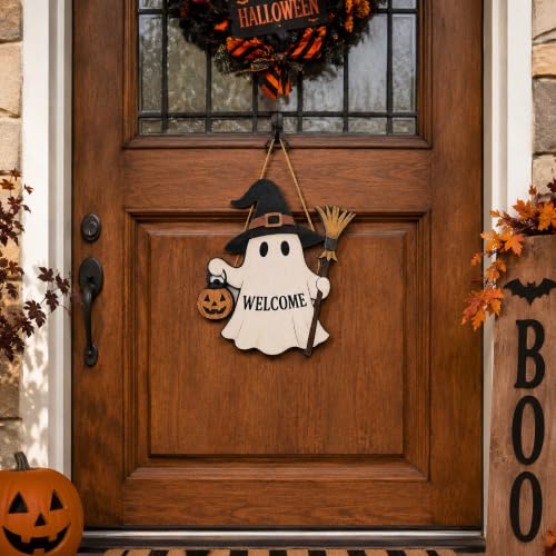 Image of Halloween Decorations - Halloween Wooden Ghost Welcome Sign for Front Door