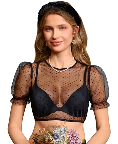 DIRNDLSTERN Bluse Damen Schwarz Dirndlbluse Transparent mit Punkten Puffärmel Trachtenbluse Kurzarm für Oktoberfest & Bayerische 40