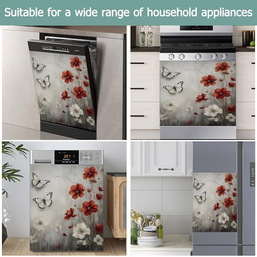 Image of Vintage Red Flowers Refrigerator Magnet Cover,White Butterflies Washable Dishwasher Magnets Decorative Cover,Home Kitchen Decorative Dishwasher Front Panel Cover 23x26 Inch