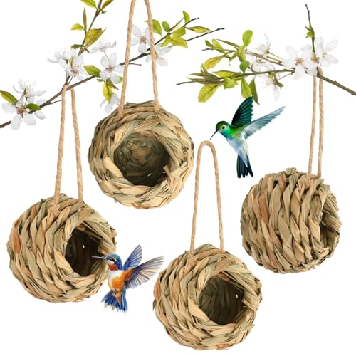 NOVWANG 4-Pack Hummingbird House Outdoor Natural Reed Bird Nest with Hemp Rope Handwoven Finch Bird House Hanging Bird Hut for Garden Window Patio Lawn Office Home