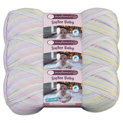 Image of Makromecity Softee Baby Yarn,%100 Premium Anti-Pilling Acrylic, 3.5 Oz, 273 yd (100gr /250 mt), Soft Yarn for Crocheting and Knitting (Baby Pastel, 3 Skeins)