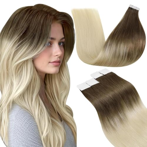 Image of LaaVoo Human Hair Tape in Extensions Balayage Light Brown for Fine Hair | Light Brown Ombre Platinum Blonde, Tape in Hair Extension Human Hair, Silky, Wedding Trial Hairstyle Helper, 16Inch 20Pcs 50G