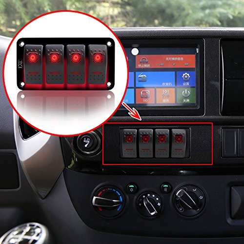Fxc Rocker Switch Aluminum Panel 4 Gang Toggle Switches Dash 5 Pin On/Off 2 Led Backlit For Boat Car Marine Red #TOP6