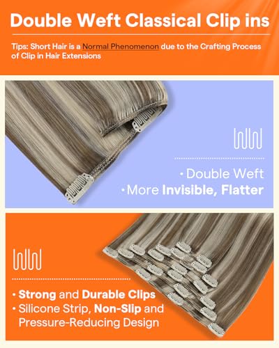 Image of Full Shine Clip in Extension Ash Blonde Highlight Light Blonde, 18 Inch | Hair Extensions Real Human Hair, Straight Natural Hair Extensions Clip ins, Double Weft, Add Thickness, 7 Pcs 120g