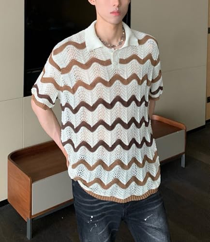chouyatou Men's Casual Striped Polo Collared T-Shirt Short Sleeve Crochet Knit Blouse Shirts Hollow Out Tops4