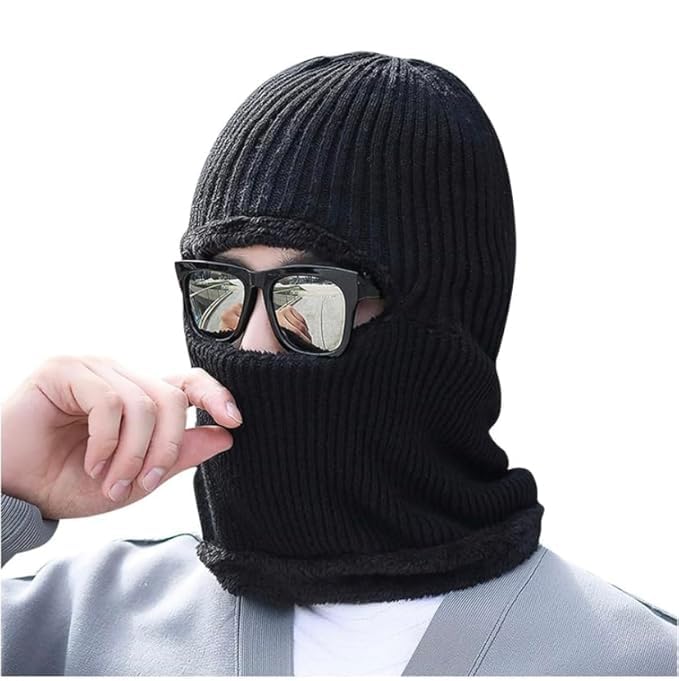 Image of Snow Proof Inside Fur Wool Unisex Monkey Beanie Cap Hat | Breathable Knit Thick Fleece Lined Foldable Use as Skull Woolen Winter Caps Hat Men & Women | Motorcycle Balaclava | Freesize