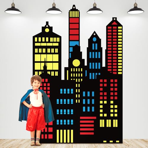 Tegeme Large Hero City Skyline Backdrop New York City Skyline Skyscraper Party Decoration NYC Buildings Background Cutouts Hero Backdrop for Birthday Party Photo Prop(Multicolor 4.3 x 6.6 ft Classic)
