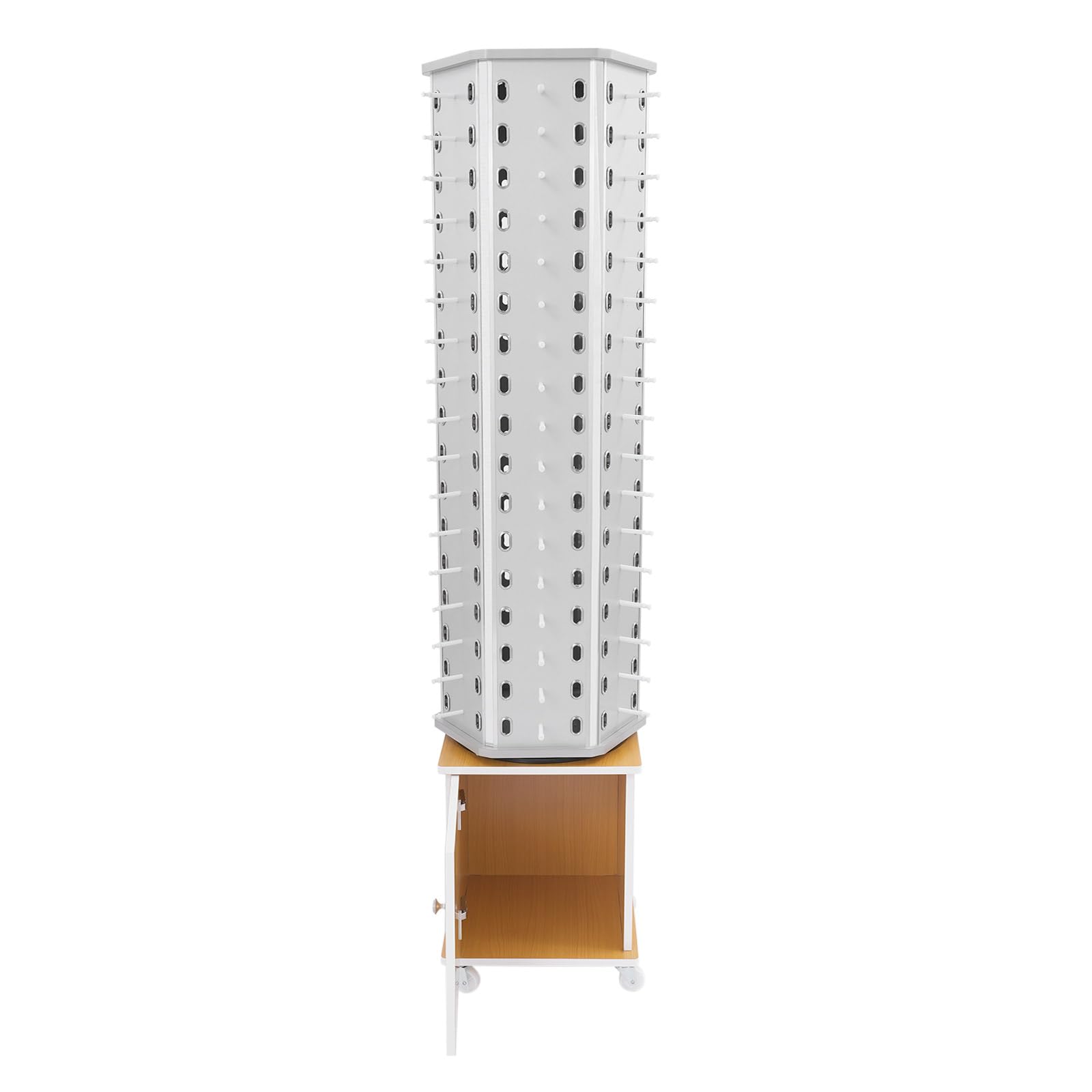 Estante Expositor para Gafas de Sol, Soporte de pie de Madera de 6 Lados para Gafas, Soporte para 102 Pares de Gafas, Giratorio 360°, con Armario de Almacenamiento y 4 Ruedas girat