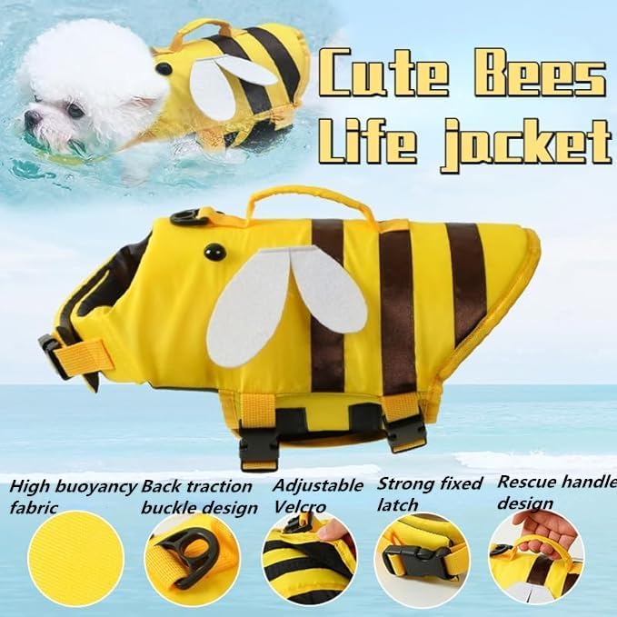 AZA Dog Life Jacket Shark Life Vest with Rescue Handle Cute Bees Costume Girl Adjustable High Buoyancy Swimwear for Small Medium Large Dogs Boy Swimsuit Clothes for Pets (S,Bees)