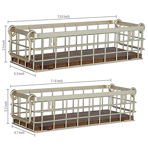Mygift Decorative Wall Mountable Storage Baskets With Handles, Brass Tone Metal Wire And Rustic Burnt Wood Base Rectangular Hanging Baskets, Set Of 2 #TOP5