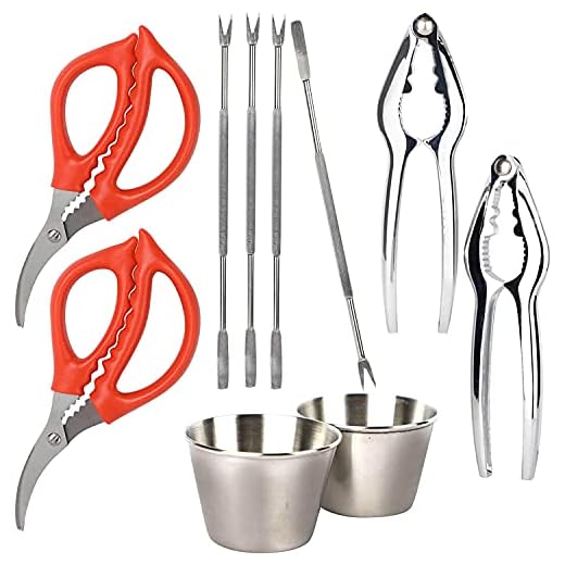 Seafood Tools Set for 2 Include Seafood Scissors, Crab Crackers, Seafood Forks and Butter Cups - Reusable and Washable Seafood Cracker Set - Stainless Steel Lobster Cracker for Cutting and Digging