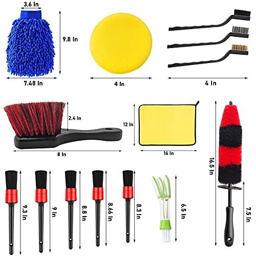 Jaronx 15 PCS Car Wheel & Tire Brush Set, 17 Inches Long Handle Rim Wheel Brush, Short Handle Wheel Brush, Detailing Brushes, Wash Mitt, Vent Duster, Wax Applicator Pads, Washing Towels, Wire Brushes