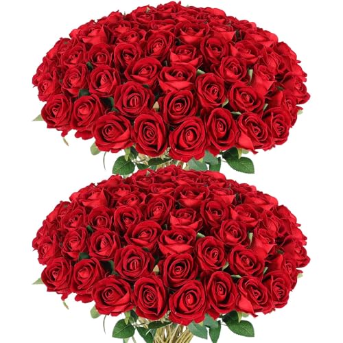 Rowfad 60 Pcs Artificial Roses Bulk Velvet Silk Red Rose Burgundy Roses for Wedding Centerpieces Bridal Bouquet Mohter's Day Valentine's Day Christmas Home Decor (60, Burgundy)
