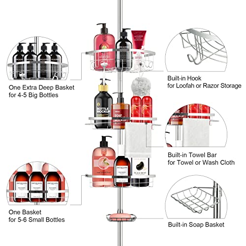 Lucalda Corner Shower Caddy Tension Pole, Stainless Steel Pole Organizer, Rustproof Shower Corner Shelf, Adjustable Shower Shelf With 4 Tier Baskets And 1 Towel Bar, 59-110 Inches, Silver #TOP2