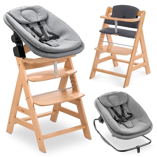 hauck Hochstuhl Alpha+ Newborn Set 3in1 Highchair Bouncer - mitwachsender Holz Babyhochstuhl ab Geburt, inkl. Neugeborenenaufsatz & Sitzpolster - Natur
