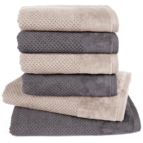 Pure Label 6-TLG. Handtücher Set mit Aufhängeschlaufen aus Baumwolle, saugstark, weich und Oeko-TEX Zertifiziert - 2X Badetuch (70x140 cm) 4X Handtuch (50x100cm), Anthrazit | Stein