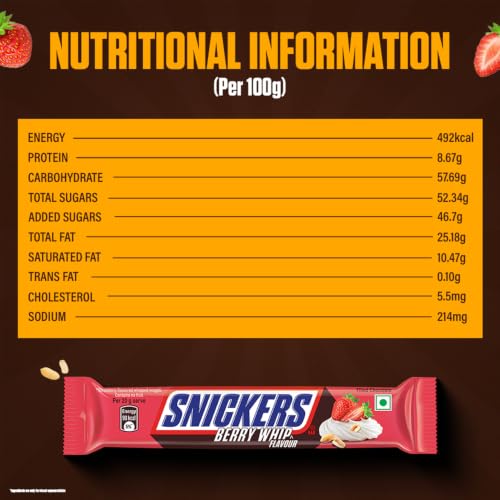 Image of Snickers Berry Whip Flavoured Chocolate Bar | Loaded with Crunchy Peanuts, Nougat & Caramel | Irresistibly Nutty Chocolate Bar | 22g | Pack of 15