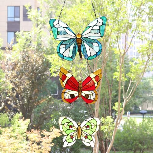 Bieye W10053 Butterfly Tiffany Style Stained Glass Window Panel with 3 Pieces Hanging Successively Within Chains, 12" W x 25" H by Bieye - Image 5