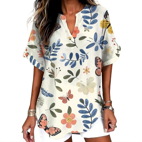 YZCX Women's Boho Butterfly Print Shirt V Neck Short Sleeve Insect Tunic Tops Casual Loose Summer 2026 Trendy Blouses,Butterfly 13,S