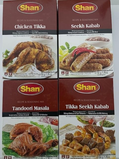 Shan Masalas - Seek Kabab, Tikka Seekh Kabab, Chicken Tikka, Tandoori Chicken - One Packet Of Each, 50g - A Mixture of Spices Adds Taste - Aromatic & Enhances Flavor of Meal