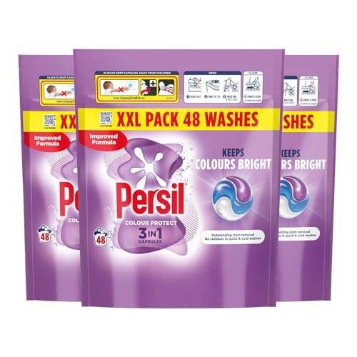 Persil 3-In-1 Colour Capsules Stain Removal Colour Protection Biodegradable Film Quick-Dissolving Long-Lasting Freshness 3 Pack (48 Washes Each 144 Washes Total)