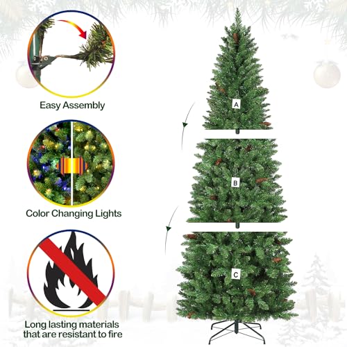 Hykolity 7.5 Ft Pencil Pre-Lit Christmas Tree, Artificial Slim Christmas Tree With 300 Multicolor Led Lights thumb #3