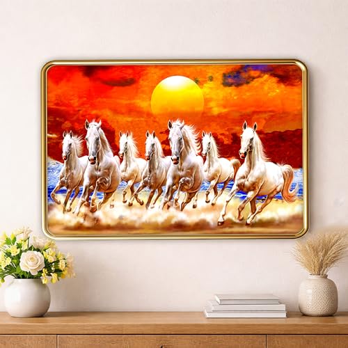 Image of XOPY Seven Running Horses with Golden Frame | Vastu 7 horses Raw Pyrite Painting for Home, Office & Living Room Wall Decore | 12X18 Inch Sparkle Laminated Frame | Best For Gifting (9835, 12X18)