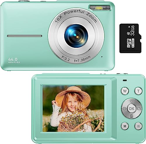Digitalkamera, 1080P Kinderkamera mit 32GB Micro SD-Karte FHD Fotokamera 44MP Vlogging-Kamera Tragbare Kompaktkamera mit LCD-Bildschirm 16X Digitalzoom und 2 Batterien für Teenager Mädchen Jungen-Grün