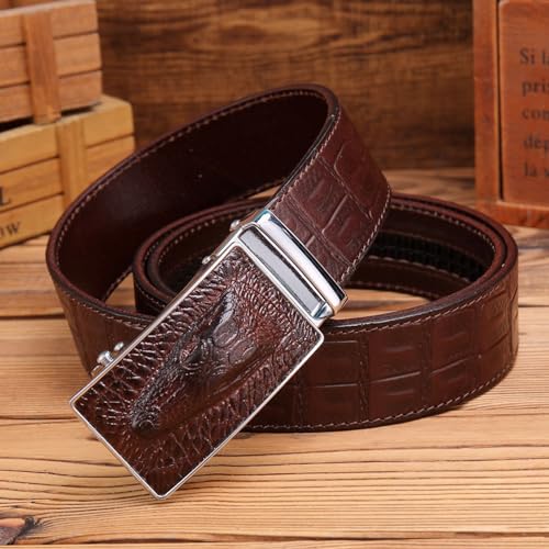 Men's Leather Stitching Belt Automatic Ratchet Buckle Slide Waist Strap Trim to Fit with Engraved Crocodile Head(110cm/43, Brown)3