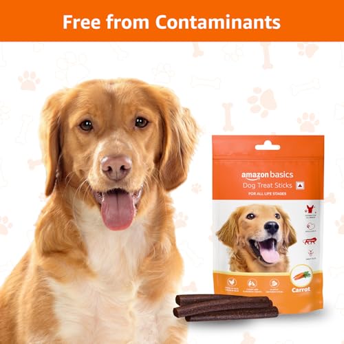 Image of Amazon Basics Dog Treat Sticks 140 gm, Chewy Meat Sticks for Adult Dogs and Puppies, High Protein Dog Treats for Training and Snacks, Made of Real Chicken Meat, Ziplock Pack, Carrot Flavor
