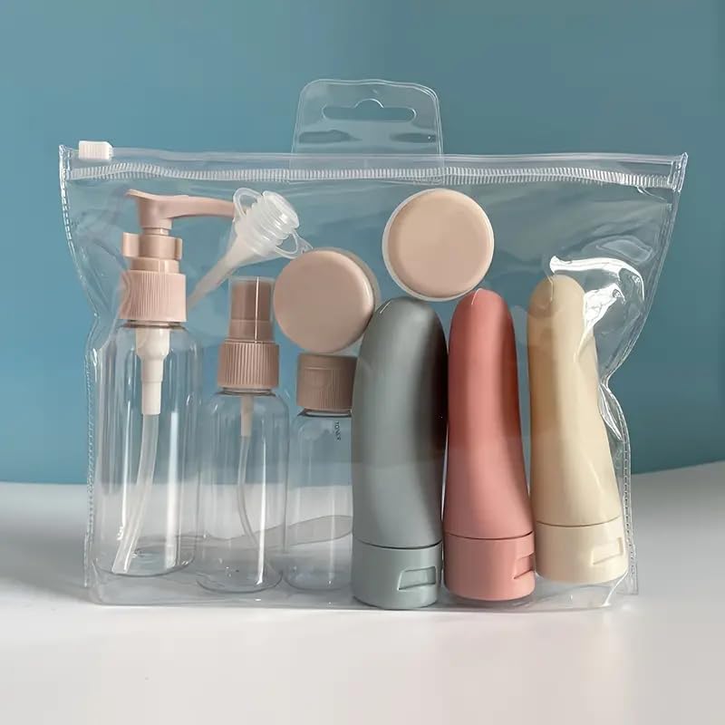1 Set Refillable Travel Containers for Toiletries – 13-Piece Portable Leakproof Dispenser Set with Bottles, Jars, Funnel, Labels & Transparent Wash Bag