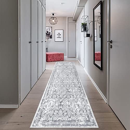 Vaukki Hallway Runner Rug, Vintage Shaggy Soft Laundry Rug Runner, Non Slip Entryway Runner Mat, Washable Farmhouse Kitchen Area Carpet for Bathroom, Entryway and Bedroom (2'6'' X 8', Grey)