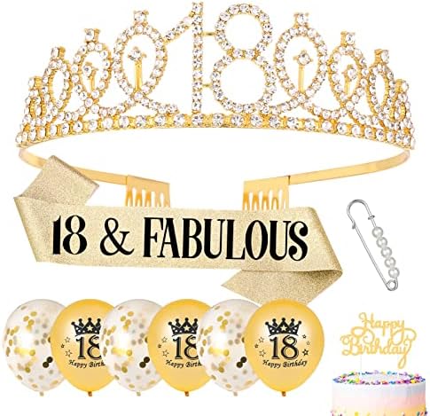 Popuppe 18th Birthday Sash and Tiara Gold 18 & Fabulous Sash Rhinestone Crown Balloons Birthday Cake Topper for Girls Birthday Gift Party Decorations Supplies (Gold)