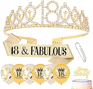 Popuppe 18th Birthday Sash and Tiara Gold 18 & Fabulous Sash Rhinestone Crown Balloons Birthday Cake Topper for Girls Birthday Gift Party Decorations Supplies (Gold)