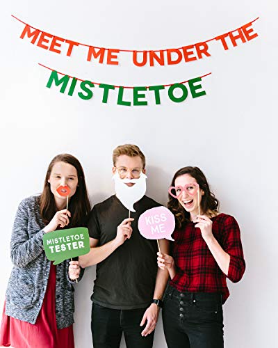Image of Pearhead Christmas Mistletoe Kissing Booth Photo Props, Holiday Party Decorations, Meet Me Under the Mistletoe Banner, Sticker Sheet, All In One Kit