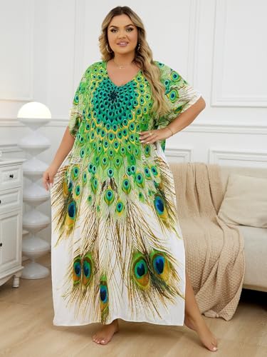 Image of KECVOT Kaftan Dresses for Women V-Neck Print Swimsuit Cover Up Plus Size Beach Caftan Lounge Dress