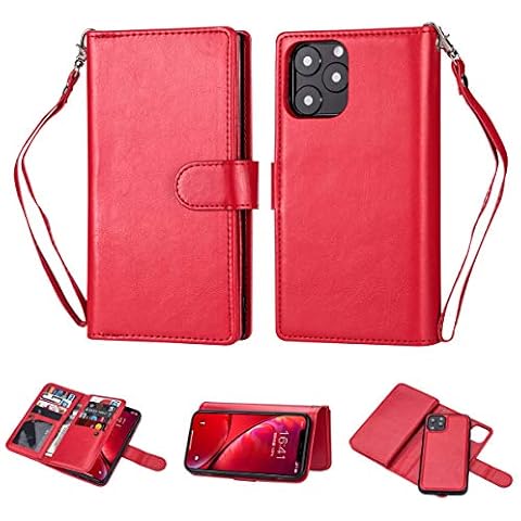 iPhone 11 Pro Wallet Case [2 in 1 Detachable] Premium Vintage Leather Wallet Case Magnetic Detachable Slim Back Cover Card Holder Slot Wrist Strap (Red) Cover