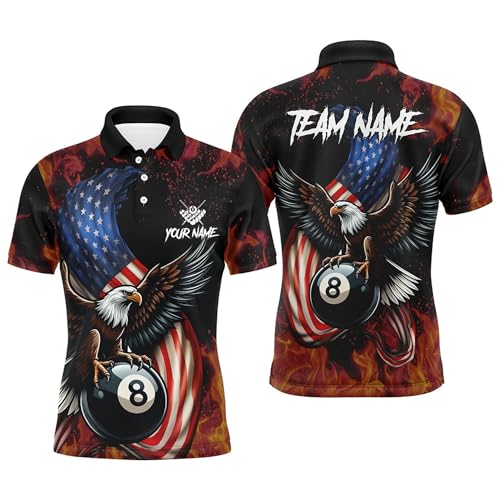Custom 8 Ball Pool American Flag Eagle Fire Billiard Shirts for Men Patriotic Billiard Team Jersey T1593